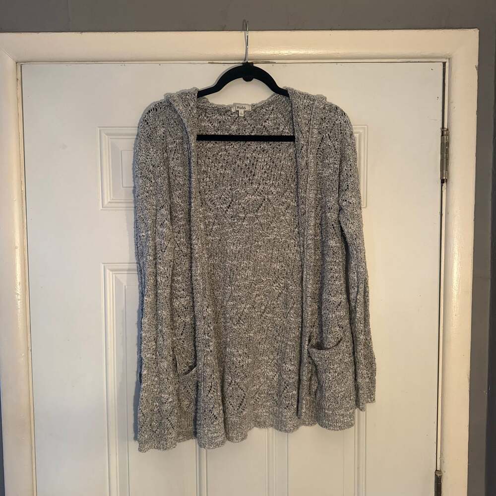 Mudd Boho Crochet Cardigan Sweater Women's Medium Hoodie Gray Open Front Pockets